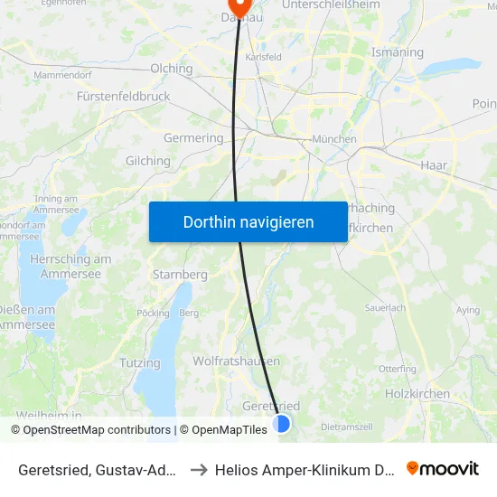 Geretsried, Gustav-Adolf-Str to Helios Amper-Klinikum Dachau map
