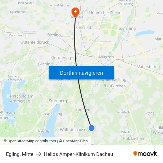 Egling, Mitte to Helios Amper-Klinikum Dachau map
