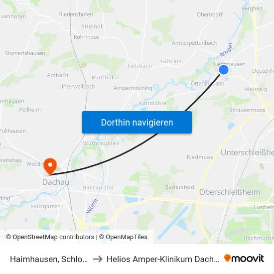 Haimhausen, Schloss to Helios Amper-Klinikum Dachau map