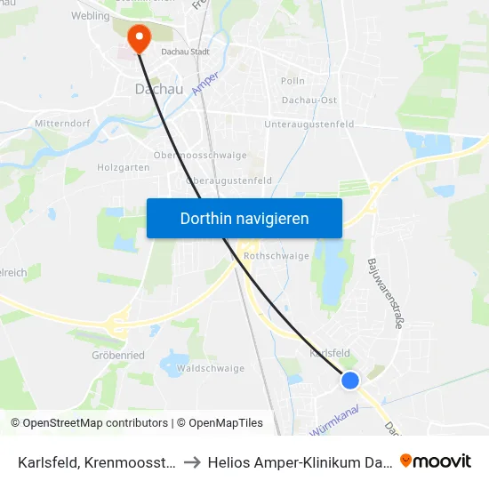 Karlsfeld, Krenmoosstraße to Helios Amper-Klinikum Dachau map