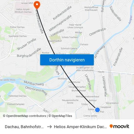 Dachau, Bahnhofstraße to Helios Amper-Klinikum Dachau map