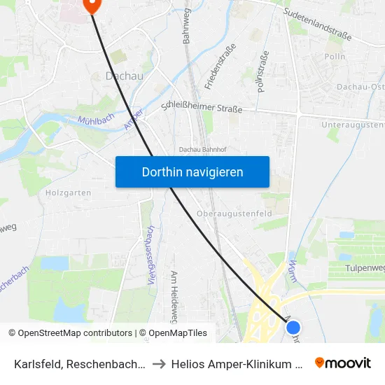 Karlsfeld, Reschenbachstraße to Helios Amper-Klinikum Dachau map