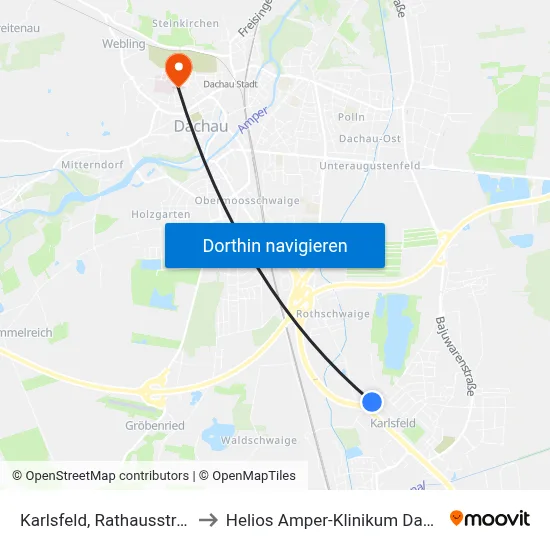 Karlsfeld, Rathausstraße to Helios Amper-Klinikum Dachau map