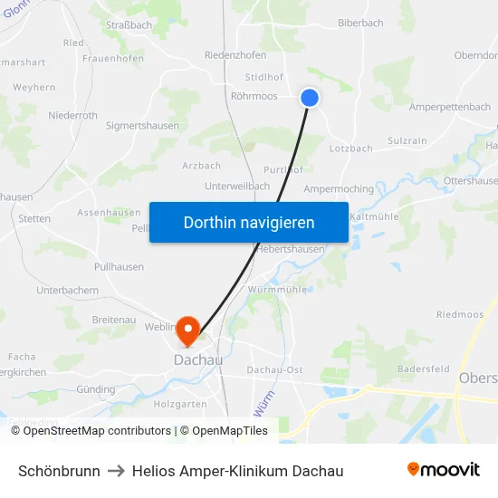 Schönbrunn to Helios Amper-Klinikum Dachau map