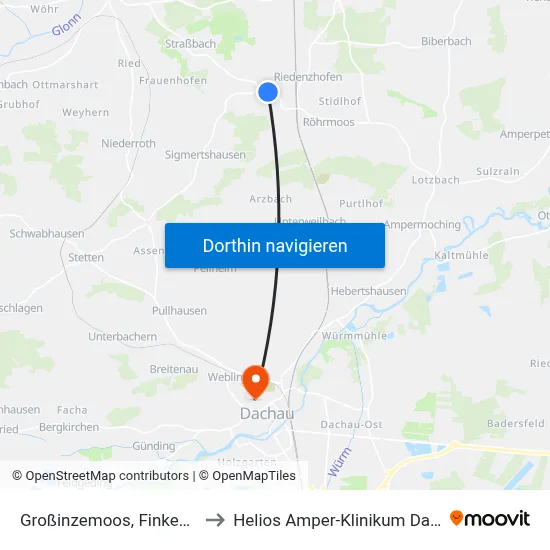 Großinzemoos, Finkenweg to Helios Amper-Klinikum Dachau map