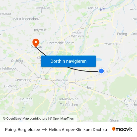 Poing, Bergfeldsee to Helios Amper-Klinikum Dachau map