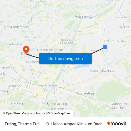 Erding, Therme Erding to Helios Amper-Klinikum Dachau map