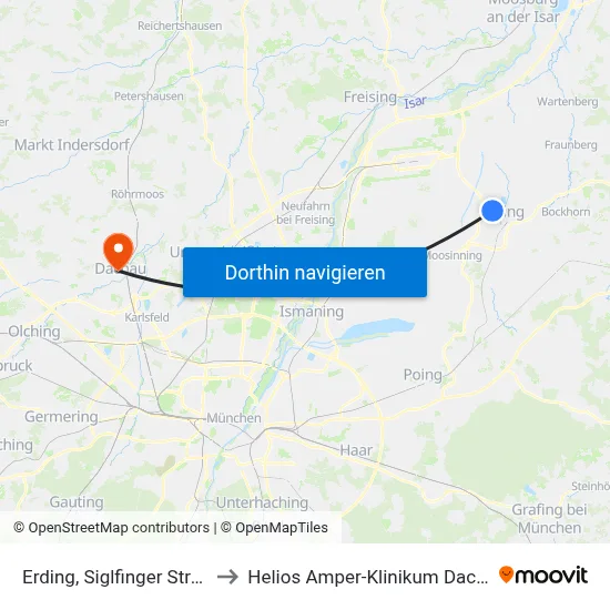 Erding, Siglfinger Straße to Helios Amper-Klinikum Dachau map