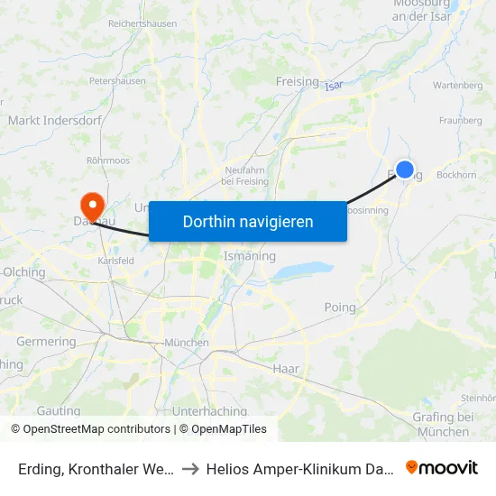 Erding, Kronthaler Weiher to Helios Amper-Klinikum Dachau map
