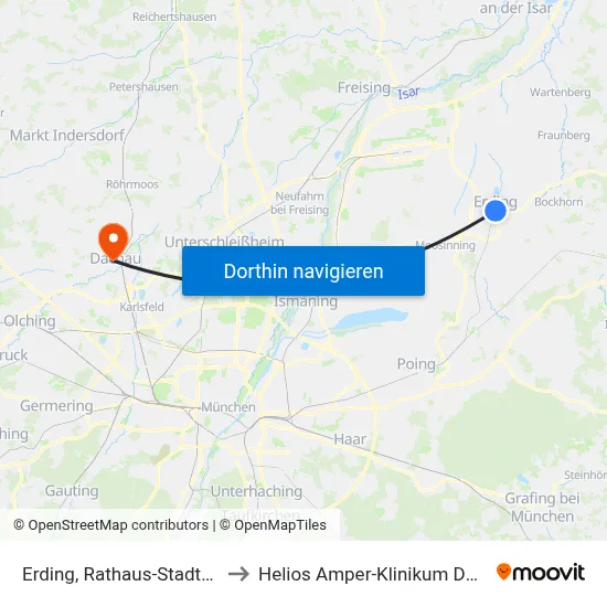 Erding, Rathaus-Stadtmitte to Helios Amper-Klinikum Dachau map