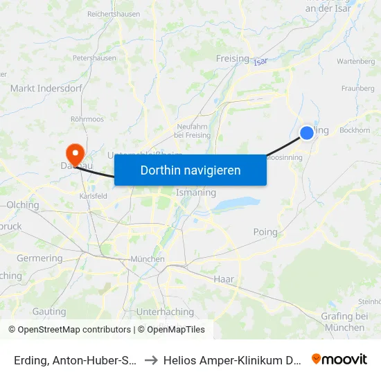 Erding, Anton-Huber-Straße to Helios Amper-Klinikum Dachau map