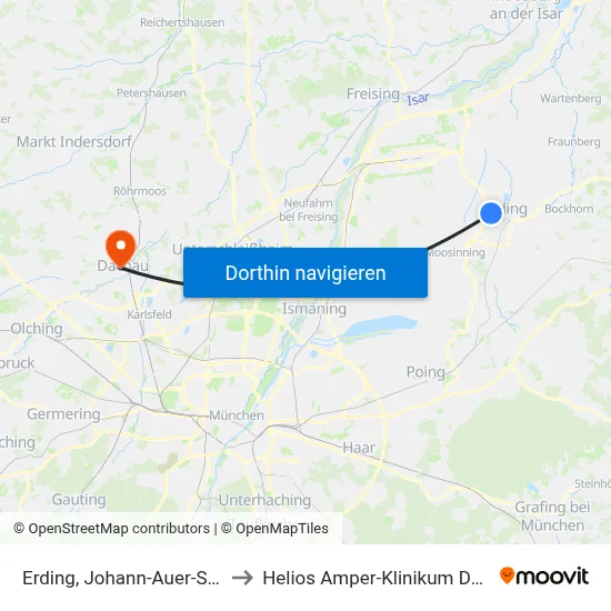 Erding, Johann-Auer-Straße to Helios Amper-Klinikum Dachau map