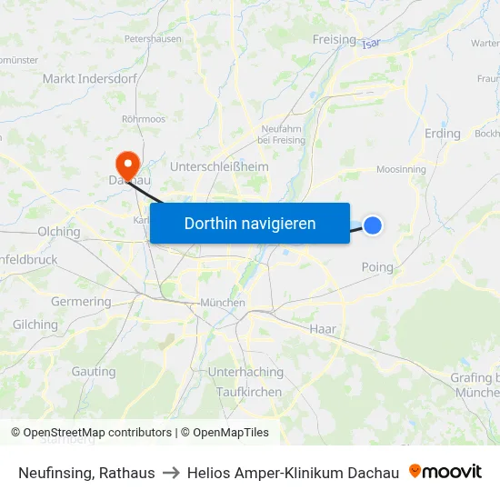 Neufinsing, Rathaus to Helios Amper-Klinikum Dachau map
