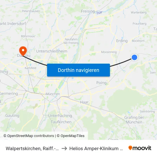 Walpertskirchen, Raiff.-Kasse to Helios Amper-Klinikum Dachau map