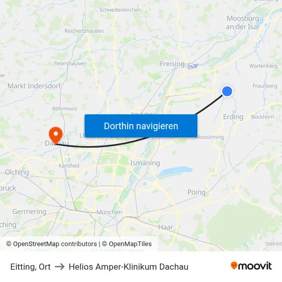 Eitting, Ort to Helios Amper-Klinikum Dachau map