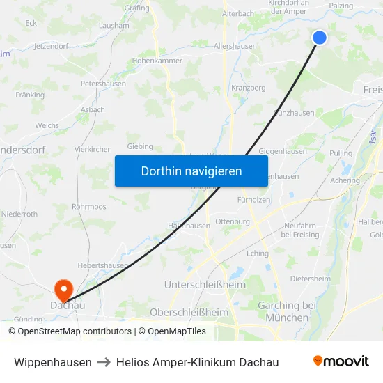 Wippenhausen to Helios Amper-Klinikum Dachau map