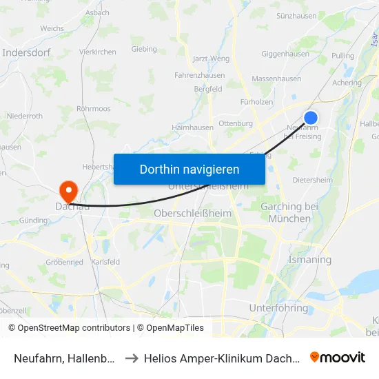 Neufahrn, Hallenbad to Helios Amper-Klinikum Dachau map