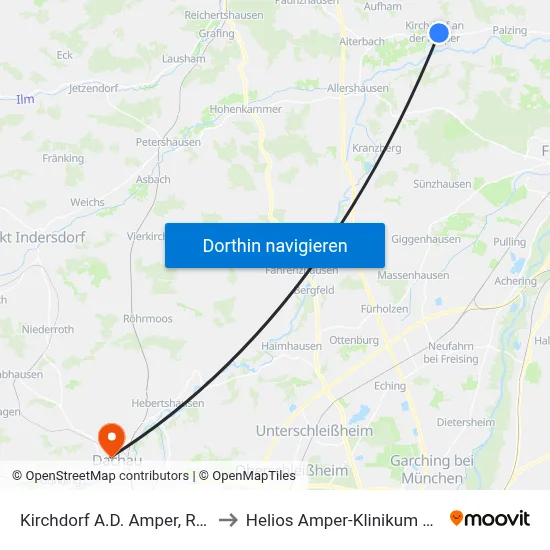 Kirchdorf A.D. Amper, Rathaus to Helios Amper-Klinikum Dachau map