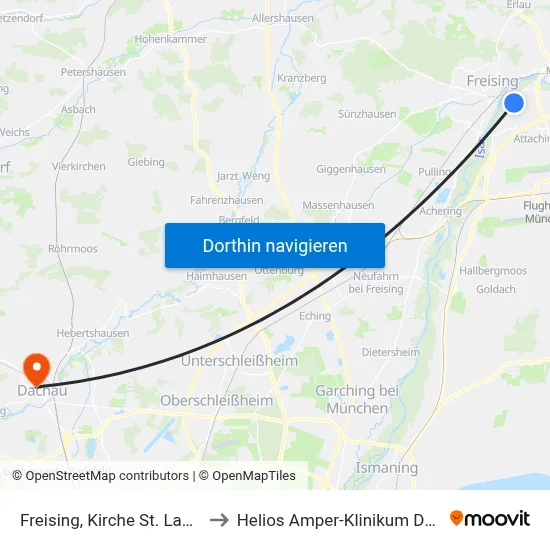 Freising, Kirche St. Lantpert to Helios Amper-Klinikum Dachau map