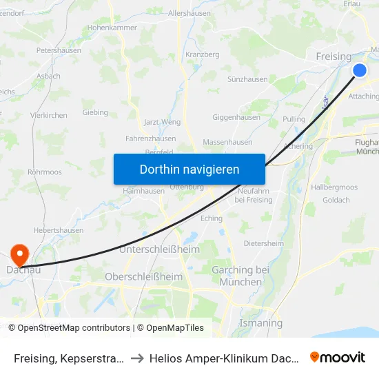 Freising, Kepserstraße to Helios Amper-Klinikum Dachau map