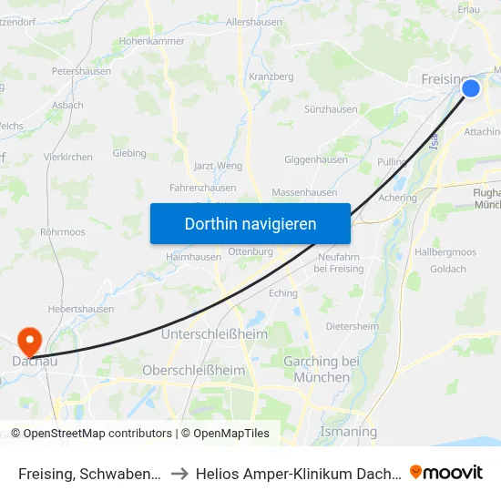 Freising, Schwabenau to Helios Amper-Klinikum Dachau map