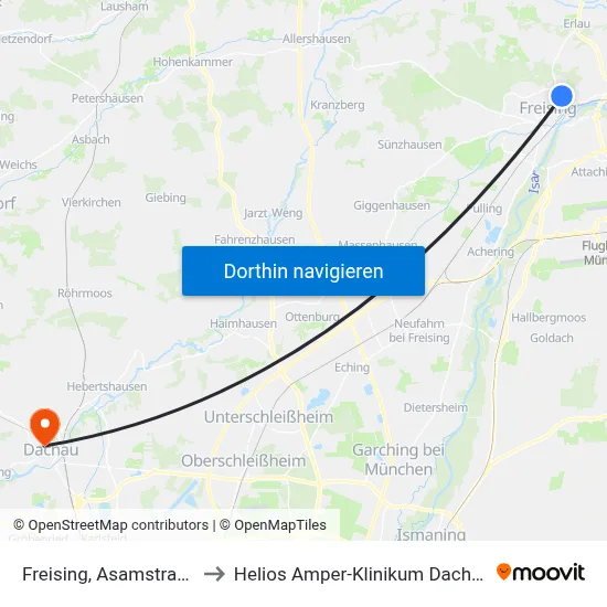 Freising, Asamstraße to Helios Amper-Klinikum Dachau map