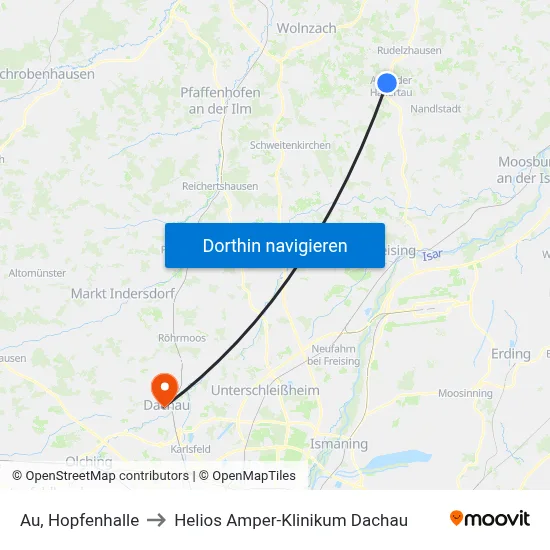 Au, Hopfenhalle to Helios Amper-Klinikum Dachau map