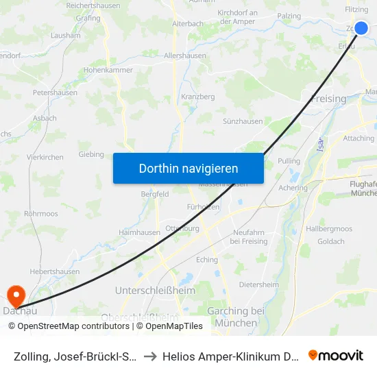 Zolling, Josef-Brückl-Straße to Helios Amper-Klinikum Dachau map