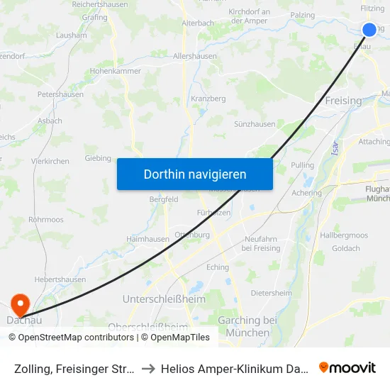 Zolling, Freisinger Straße to Helios Amper-Klinikum Dachau map