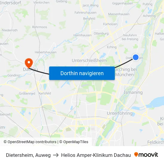 Dietersheim, Auweg to Helios Amper-Klinikum Dachau map