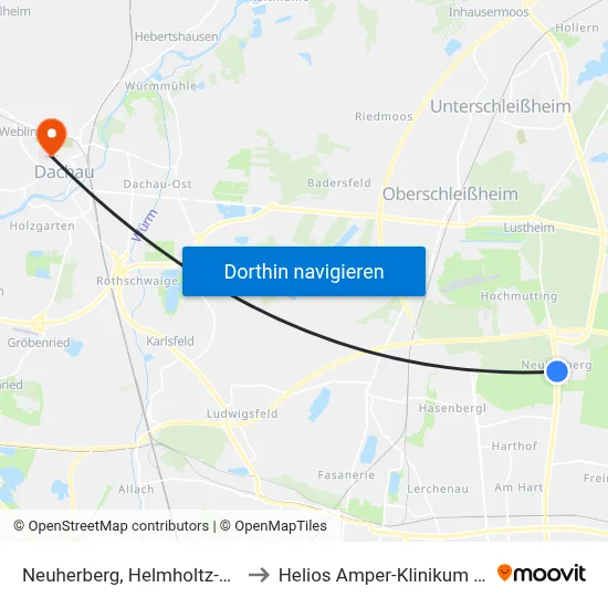 Neuherberg, Helmholtz-Zentrum to Helios Amper-Klinikum Dachau map