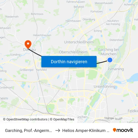 Garching, Prof.-Angermair-Ring to Helios Amper-Klinikum Dachau map