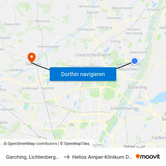Garching, Lichtenbergstraße to Helios Amper-Klinikum Dachau map
