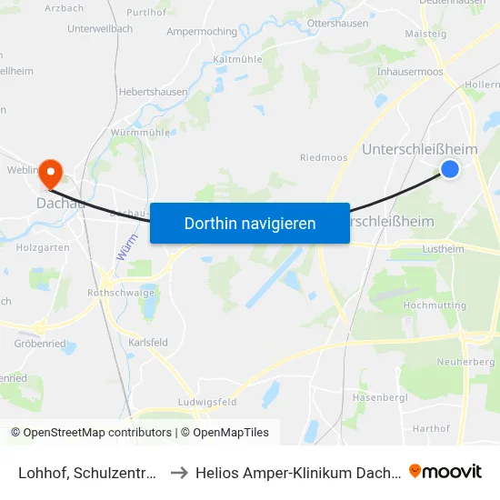 Lohhof, Schulzentrum to Helios Amper-Klinikum Dachau map