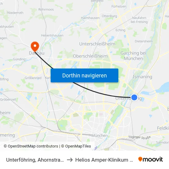 Unterföhring, Ahornstraße Ost to Helios Amper-Klinikum Dachau map