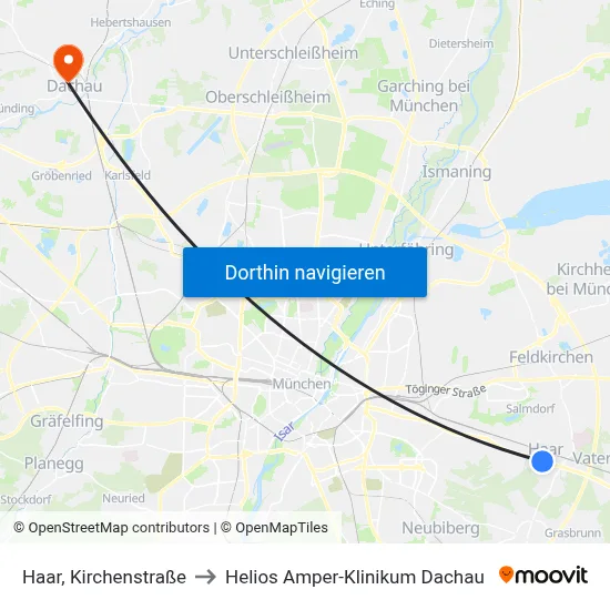 Haar, Kirchenstraße to Helios Amper-Klinikum Dachau map