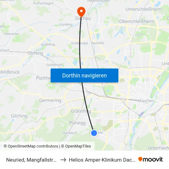Neuried, Mangfallstraße to Helios Amper-Klinikum Dachau map