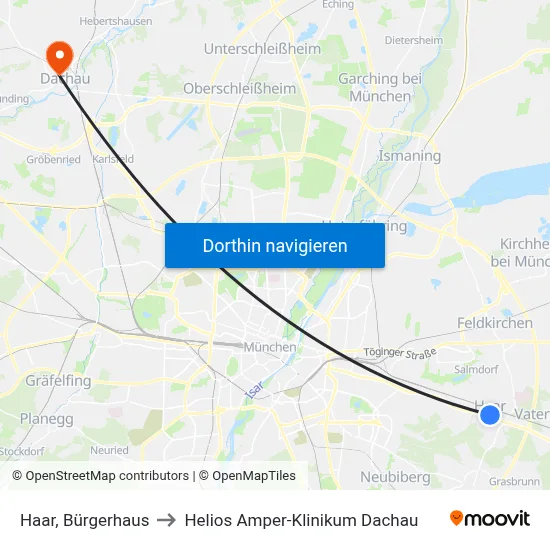 Haar, Bürgerhaus to Helios Amper-Klinikum Dachau map