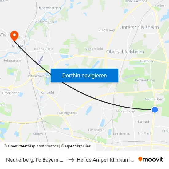 Neuherberg, Fc Bayern Campus to Helios Amper-Klinikum Dachau map
