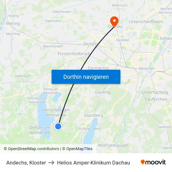 Andechs, Kloster to Helios Amper-Klinikum Dachau map