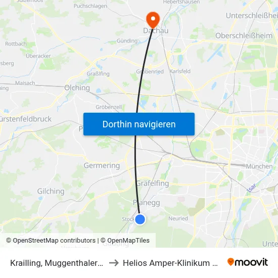Krailling, Muggenthalerstraße to Helios Amper-Klinikum Dachau map