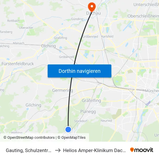 Gauting, Schulzentrum to Helios Amper-Klinikum Dachau map
