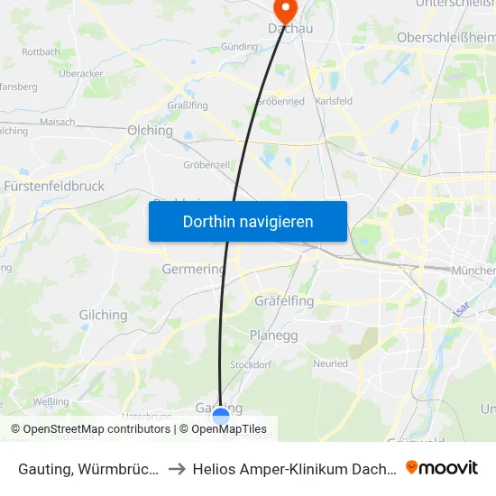 Gauting, Würmbrücke to Helios Amper-Klinikum Dachau map