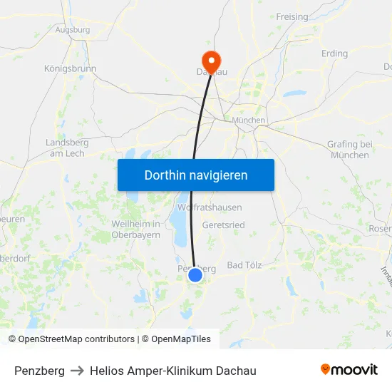 Penzberg to Helios Amper-Klinikum Dachau map