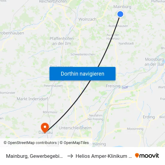 Mainburg, Gewerbegebiet Auhof to Helios Amper-Klinikum Dachau map