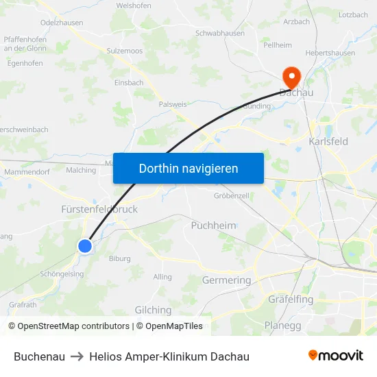 Buchenau to Helios Amper-Klinikum Dachau map