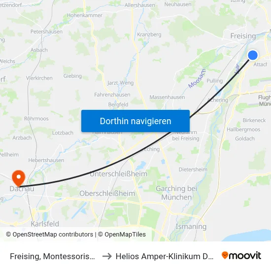 Freising, Montessorischule to Helios Amper-Klinikum Dachau map