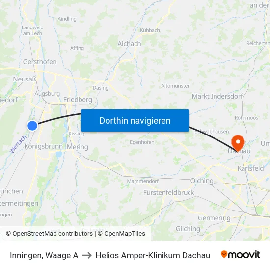 Inningen, Waage A to Helios Amper-Klinikum Dachau map