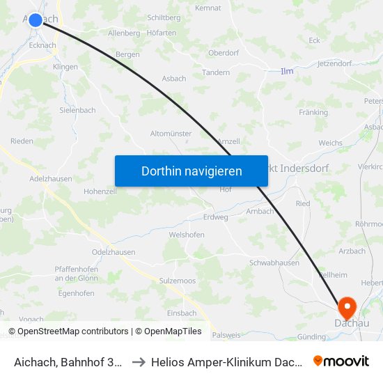 Aichach, Bahnhof 32 E to Helios Amper-Klinikum Dachau map