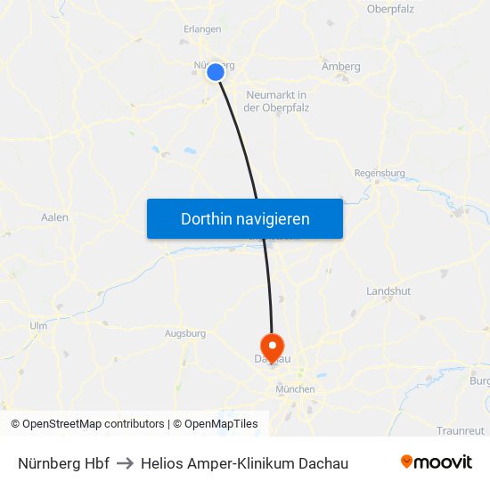 Nürnberg Hbf to Helios Amper-Klinikum Dachau map